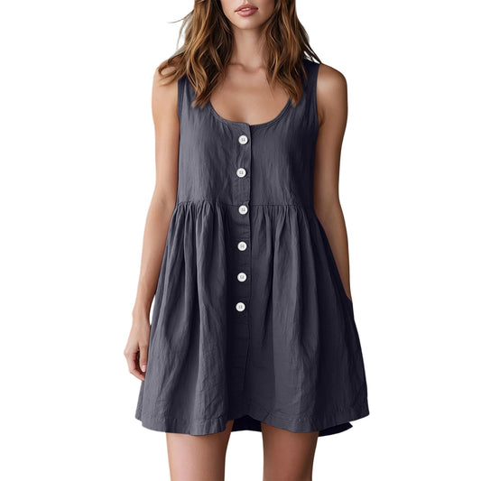 Cotton - linen Sleeveless Versatile A - line Dress In Neutral Tones, British Princess Style - Nova Exporters