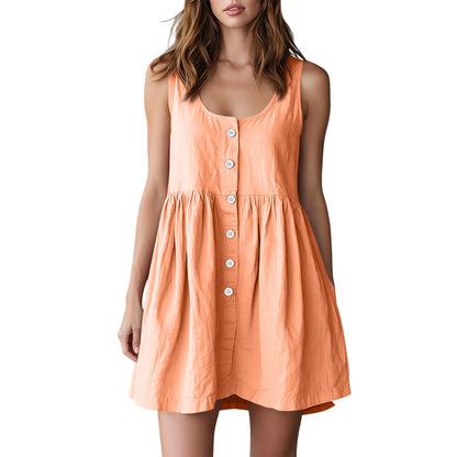 Cotton - linen Sleeveless Versatile A - line Dress In Neutral Tones, British Princess Style - Nova Exporters
