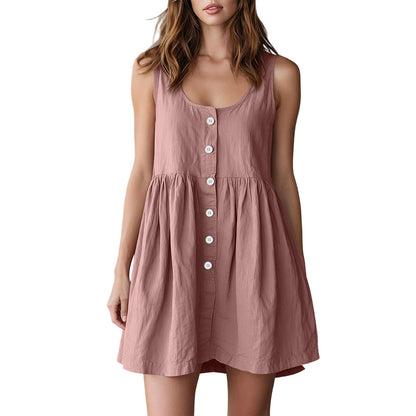 Cotton - linen Sleeveless Versatile A - line Dress In Neutral Tones, British Princess Style - Nova Exporters