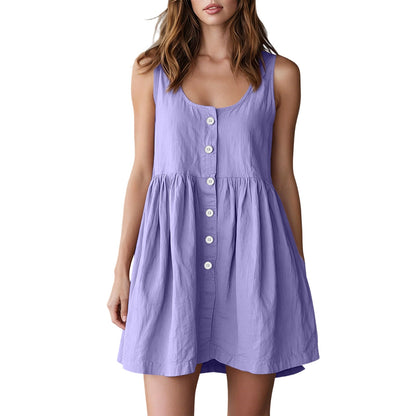 Cotton - linen Sleeveless Versatile A - line Dress In Neutral Tones, British Princess Style - Nova Exporters