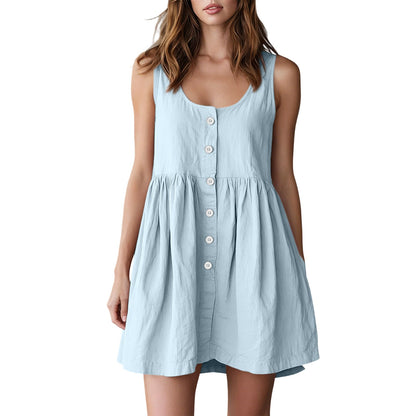 Cotton - linen Sleeveless Versatile A - line Dress In Neutral Tones, British Princess Style - Nova Exporters