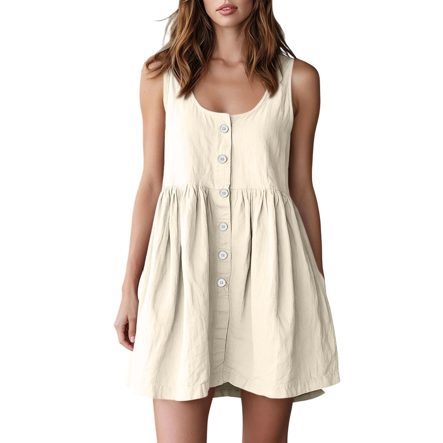 Cotton - linen Sleeveless Versatile A - line Dress In Neutral Tones, British Princess Style - Nova Exporters